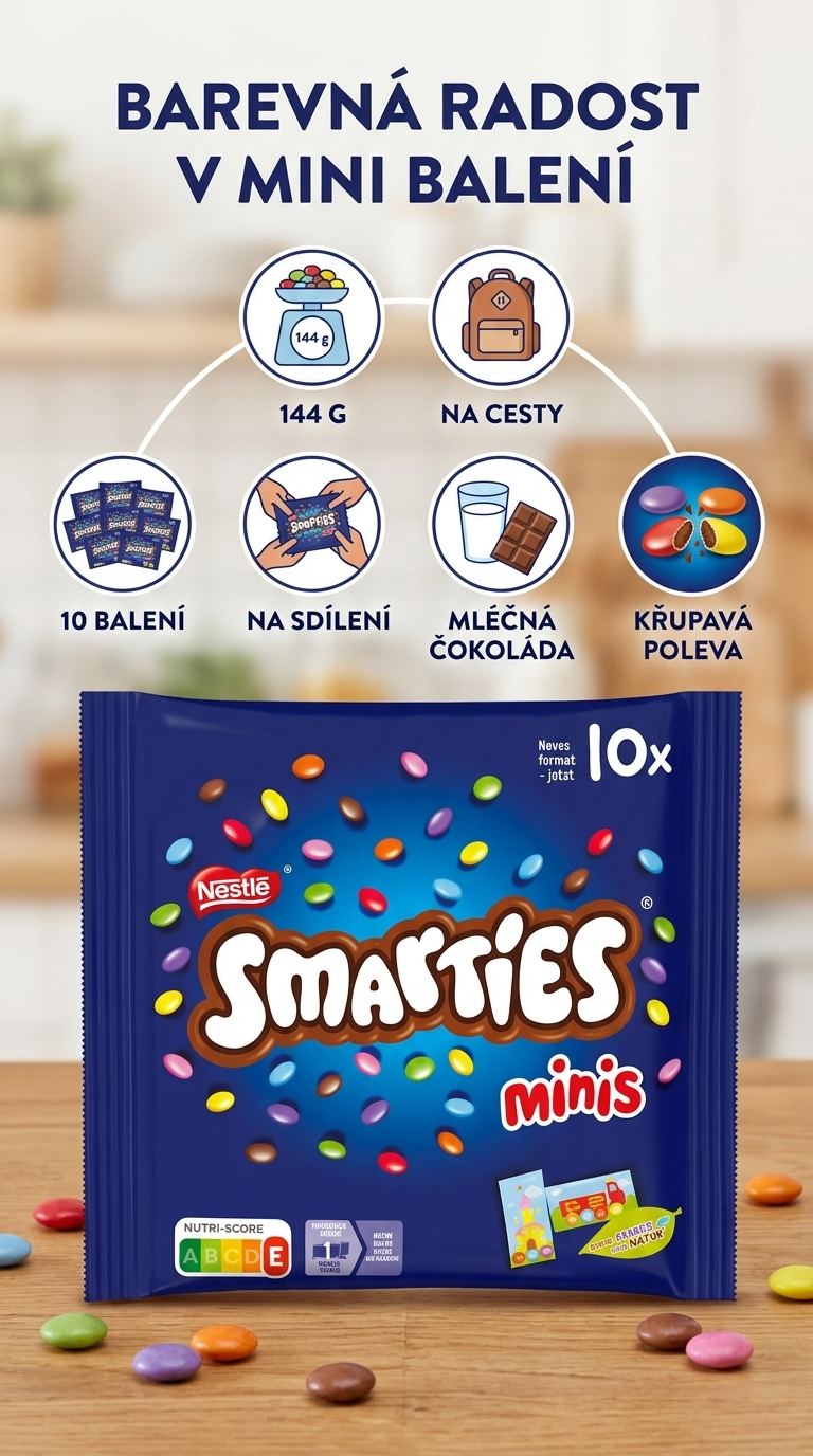 Smarties Mini čokoládové dražé 10×14,4 g – mobilní infografika