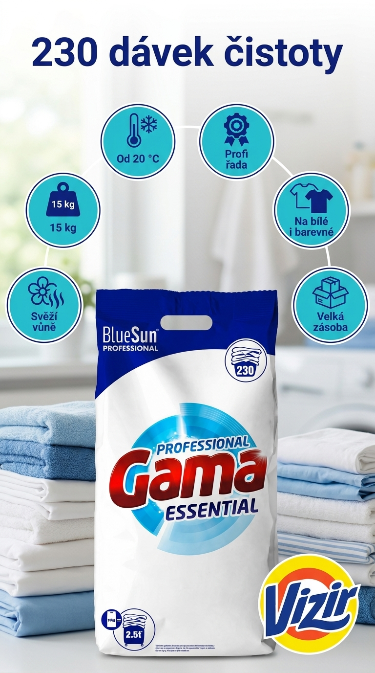 Vizir Gama Professional Essential prací prášek 15 kg - mobilní infografika