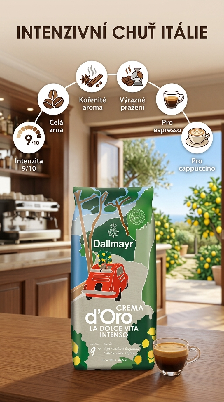 Dallmayr Crema d'Oro La Dolce Vita Intenso zrnková káva 1 kg - mobilní infografika