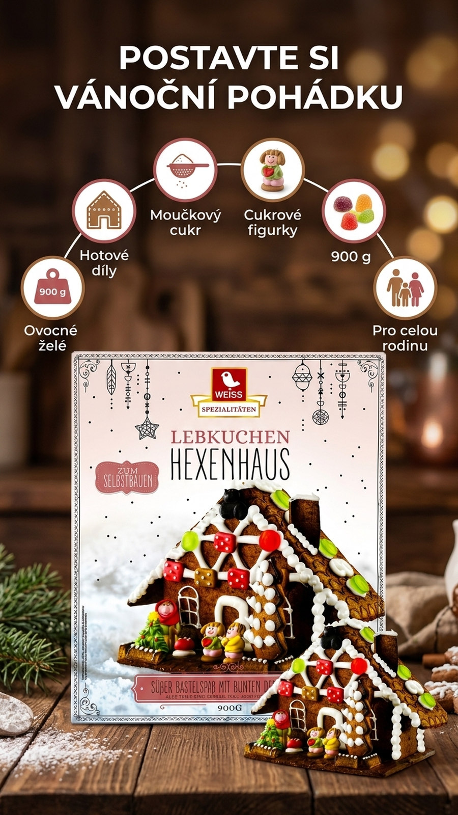 Weiss perníková chaloupka – stavebnice s dekoracemi 900 g - mobilní infografika