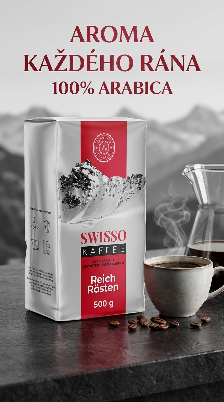 Swisso mletá káva 100% arabica - kávový lifestyle poster