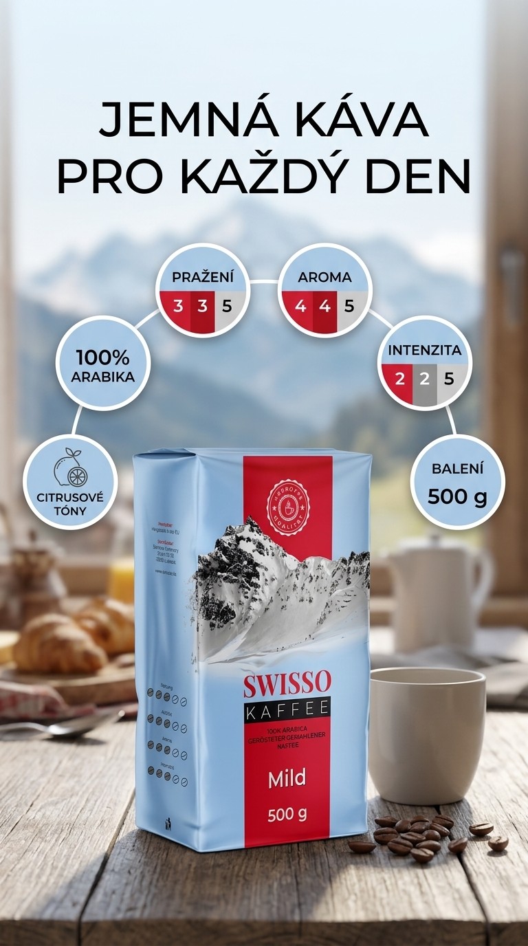 Swisso jemná mletá káva 100% arabika 500 g - mobilní infografika