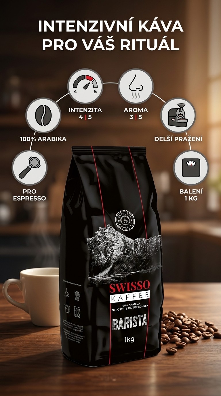 Swisso Barista zrnková káva 100% arabika 1 kg - mobilní infografika