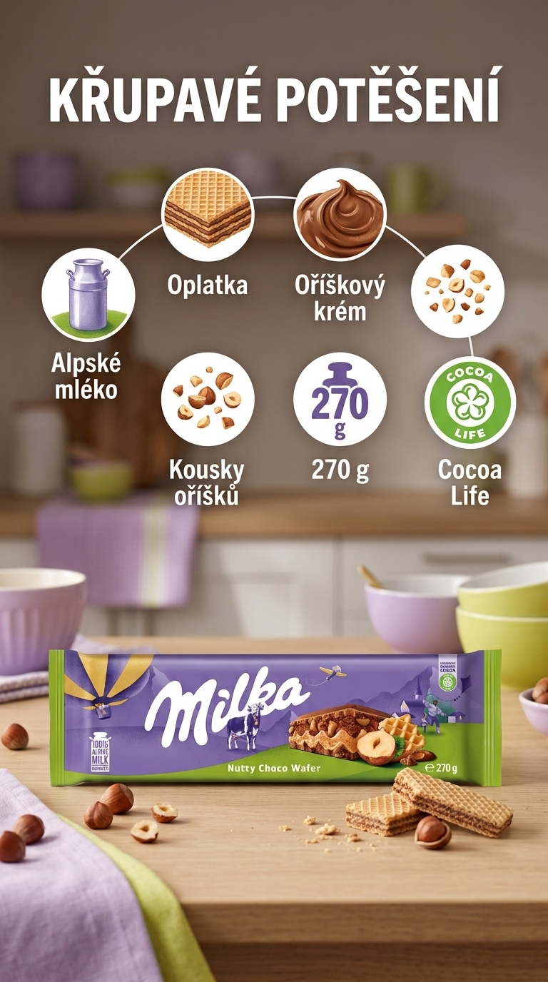 Milka mléčná čokoláda s oplatkou a lískovými oříšky 270 g - mobilní infografika
