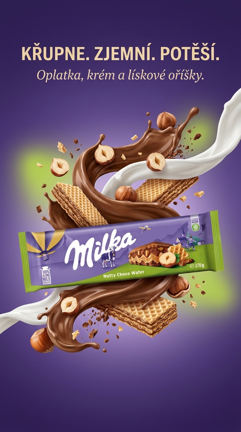 Milka mléčná čokoláda s oplatkou a lískovými oříšky 270 g - lifestyle poster