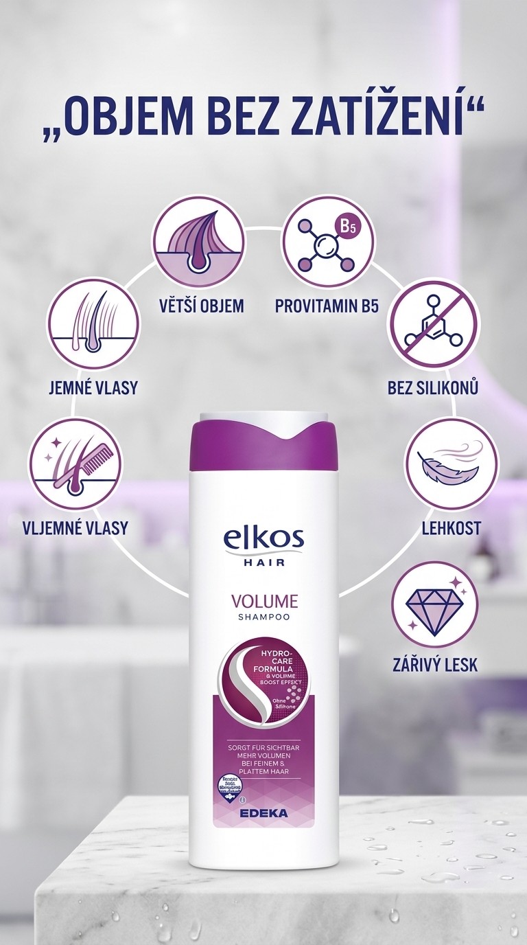 Elkos Hair šampon pro objem jemných vlasů - mobilní infografika