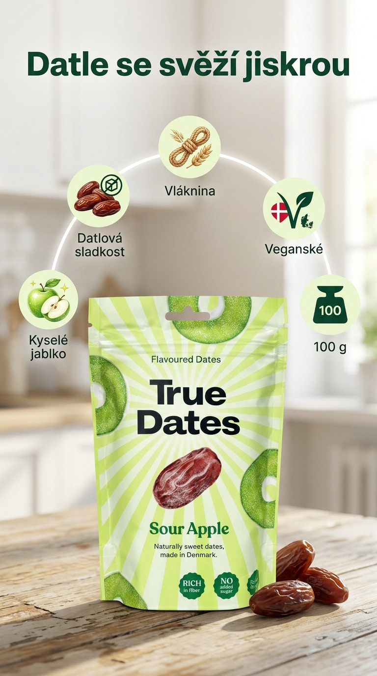 True Dates datle s příchutí kyselého jablka 100 g – svislá mobilní infografika