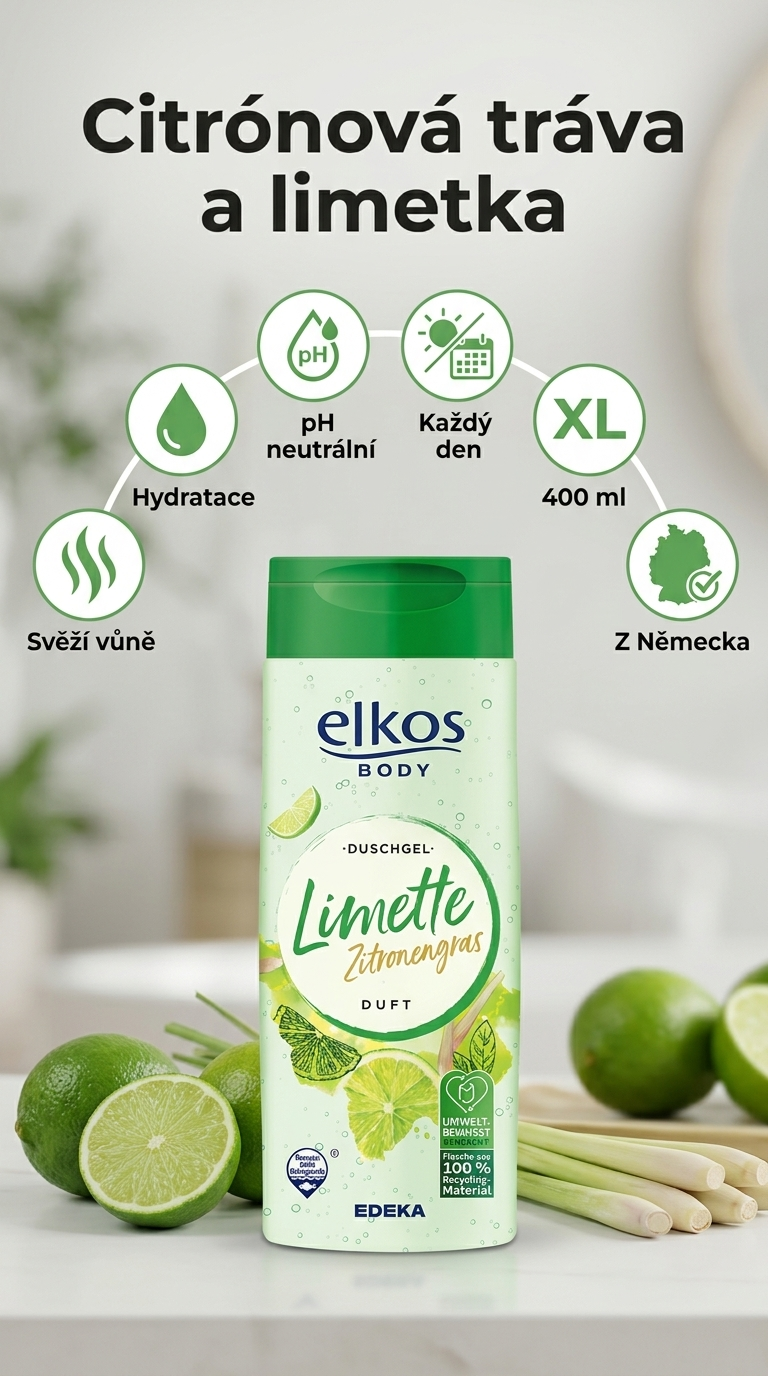 Elkos sprchový gel citrónová tráva a limetka - mobilní infografika