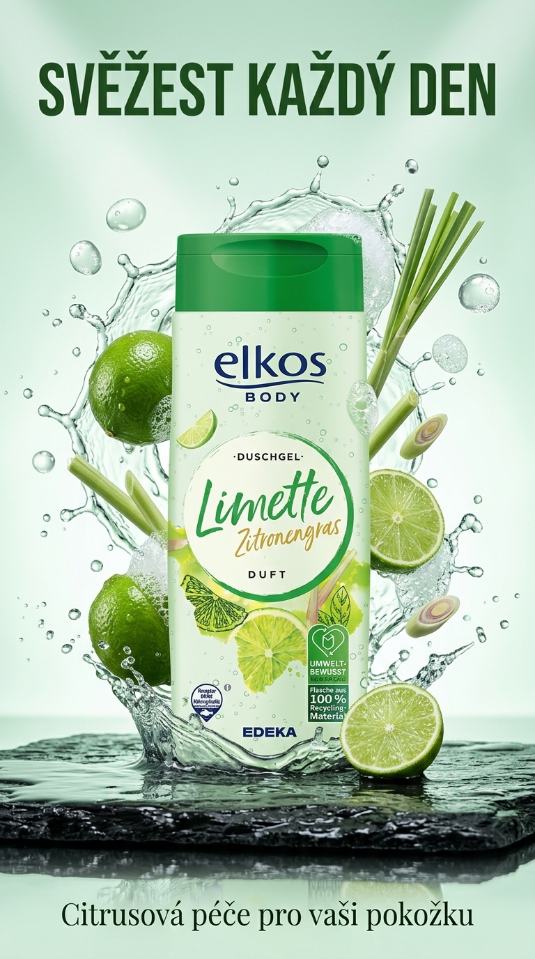 Elkos sprchový gel citrónová tráva a limetka - lifestyle plakát