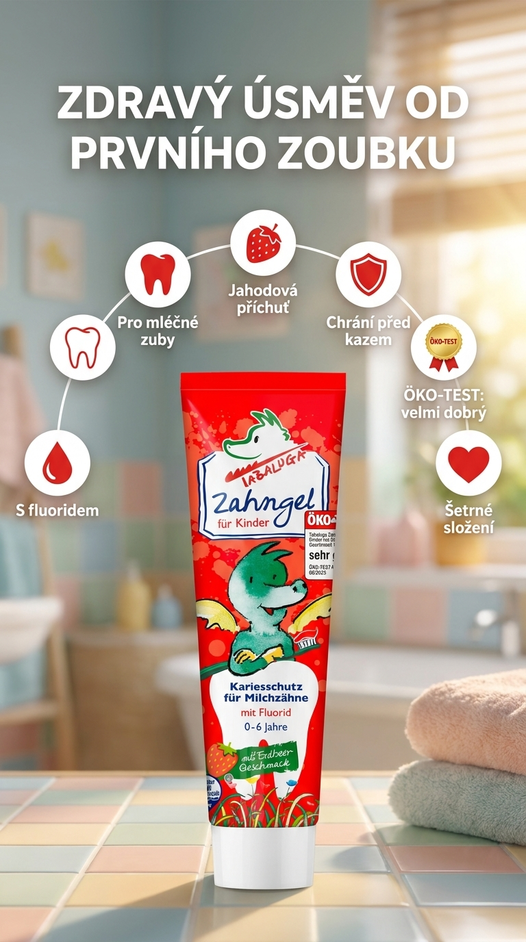 Tabaluga for Kids zubní pasta pro děti - mobilní infografika s fluoridem a jahodovou příchutí
