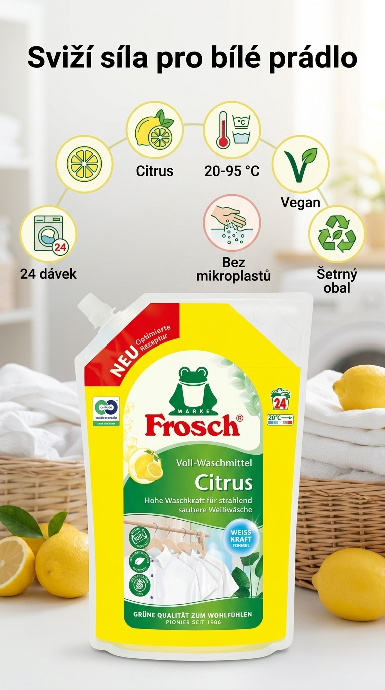 Frosch prací gel na bílé prádlo se silou citrusů 1,44 l, 24 dávek - mobilní infografika