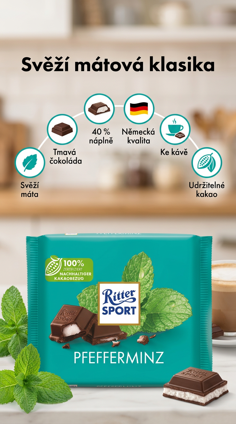 Ritter Sport Pfefferminz peprmintová čokoláda 100 g - mobilní infografika
